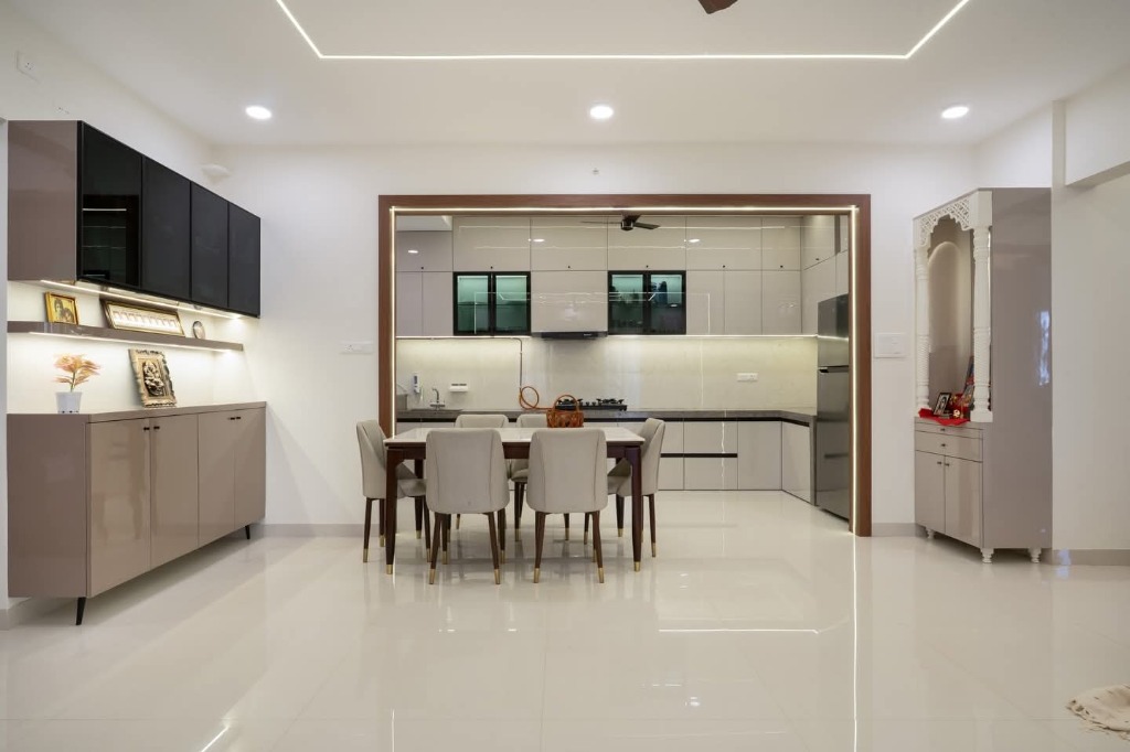 Dining room interior and modular kitchen by Sharma Furniture