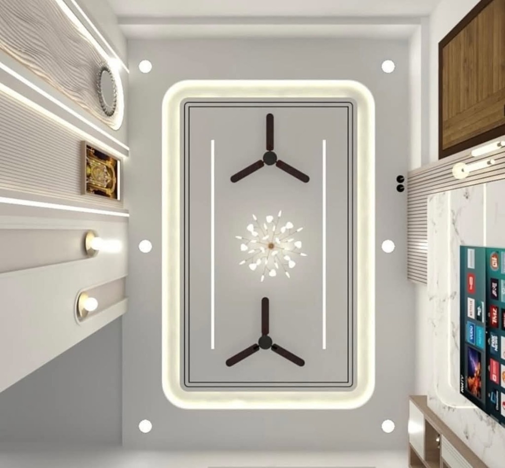 Modern architectural false ceiling with dandelion chandelier and magnetic profile lights by Sharma Furniture