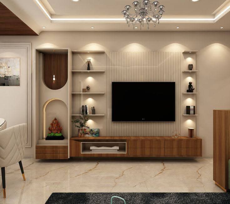 Grand living room wall and mandir temple by Sharma Furniture