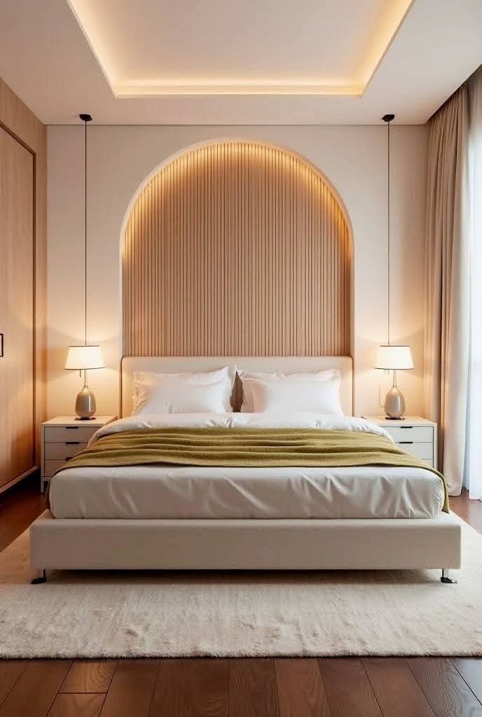 Luxury master bedroom with fluted arch headboard by Sharma Furniture