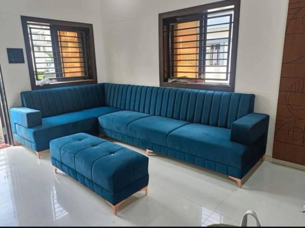 Peacock blue fluted velvet sectional sofa by Sharma Furniture
