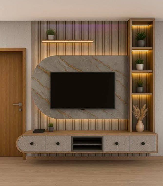 Backlit marble arch TV console with display shelf by Sharma Furniture