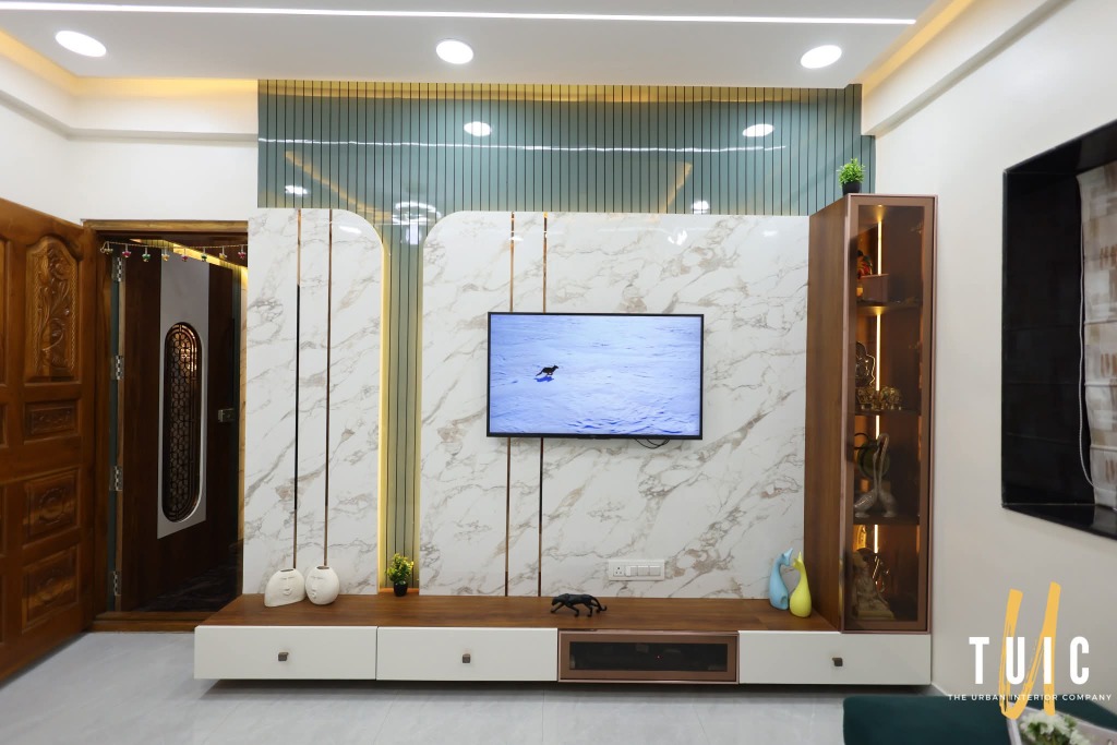 Gold inlay marble and fluted TV wall console by Sharma Furniture