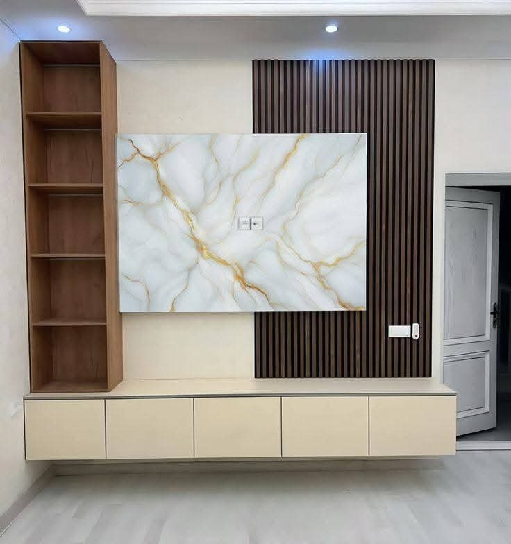 Slatted Wood TV Bookshelf