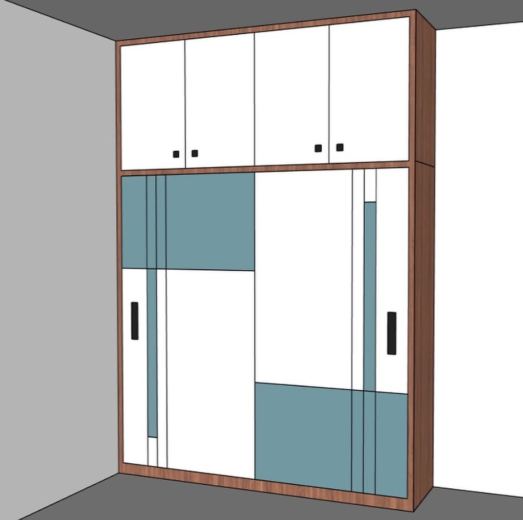 Geometric sliding wardrobe with loft storage by Sharma Furniture